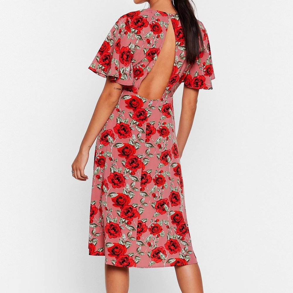 Nasty Gal Midi Dress Floral Open Back Pink Red Roses Size L Stalk My Way